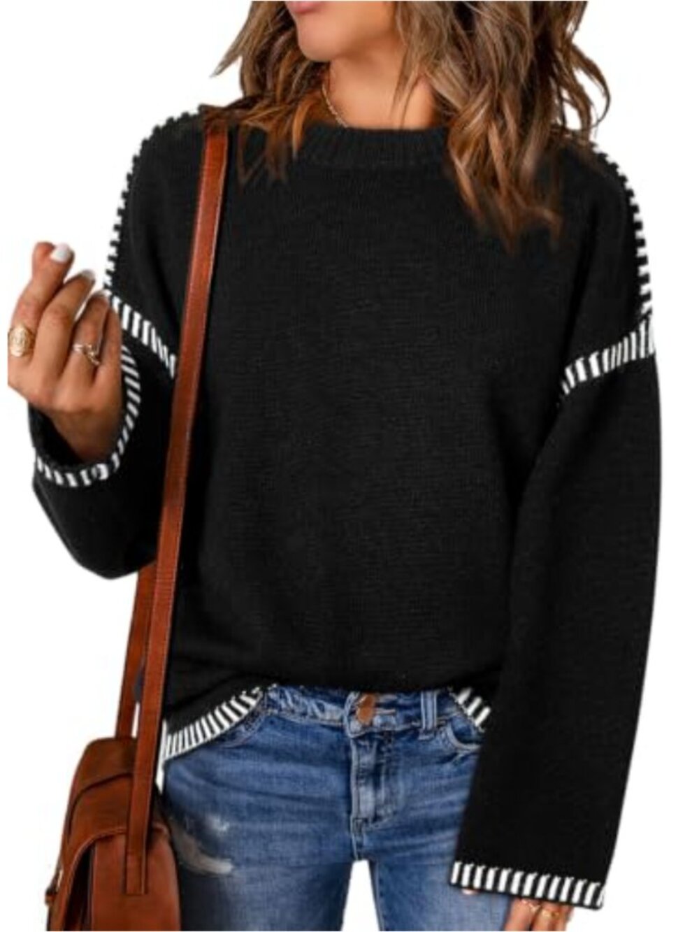 Crewneck Cable Knit Pullover Sweater Loose Fit Long Sleeve Jumper Top